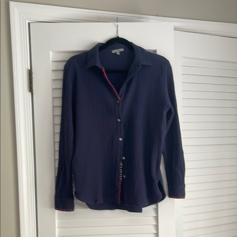Lisa Todd Navy Button Down Shirt with Pink & Yellow Stitched Trim